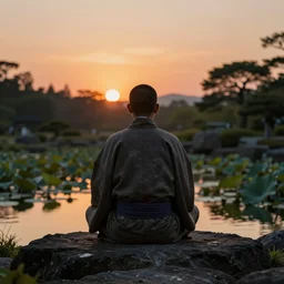 ant view of a zen master symmetrical body, clothed in a beautiful kimono quietly sitting in a rock garden overlooking a pond of lilly pads during a sublime sunset, one sun, his dark silhouette completely obscured by bokeh, colorful masterpiece photography,