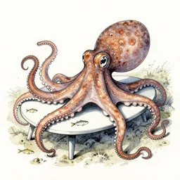 detailed ink drawing watercolored of a whole pidrioctopus was a curious funnel cephalopod of considerable size, it was found in the fjords on the slopes of mount generous but also in the arctic ocean, hence the name similar to an ikea coffee table, it fed on small pelagic prey, the gratacuchtyos,