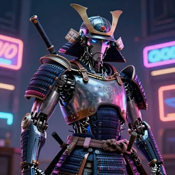 ultra realistic and intricate detailed photograph of a cyborg samurai surrounding by neon lights, hyperrealistic, detailed, depth of field, High definition, 8k, depth of field, octane render, artstation