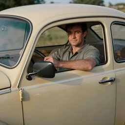 a discord moderator driving a vw bug. ultra HD. stunning detail. vivid colors.