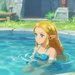zelda taking a bath in the swimming pool in the ancient past