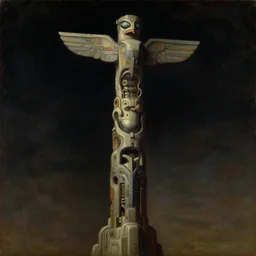 painting of a futuristic totem pole. pulp sci - fi art for omni magazine. high contrast. dark background. baroque period, oil on canvas. renaissance masterpiece. muted colors, soft gradients trending on artstation. retrofuturism.