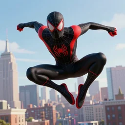 exciting matte painting of a 3 d full body character illustration of miles morales spiderman from into the spiderverse flying above brooklyn new york, black and red color scheme costume, miles morales!!!, into the spiderverse, spiderverse, 8 k, sharp focus, substance painter, digital painting, concept art, octane render