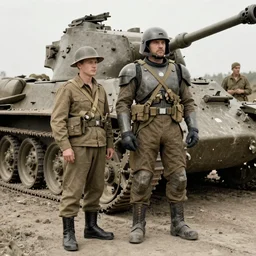 A man in power armor stands next to World War II soldiers in a general photo near a tank, old photo, realism, attention to detail