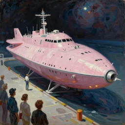 A beautiful drawing of a large, space-faring vessel resting in a dock, with a few people in the foreground looking on. rose quartz by David Driskell, by Marco Mazzoni, by Art Spiegelman turbulent
