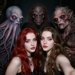 photo booth selfie, best friends who are grotesque lovecraftian squid monsters and revolting hairy mutant demon people
