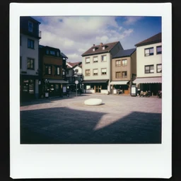 a gentrified town square designed by ryoji ikeda, photograph, polaroid