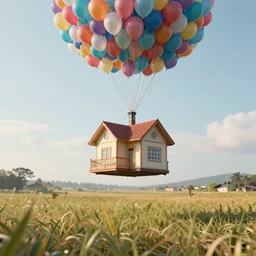 a foating house in mid air held by ballons, dept of field, cinematic, volumetric lightening, octane render