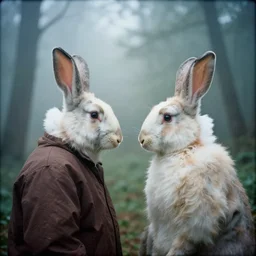 a lomography photo of rumble between two human with rabbit head in foggy forest this morning, bokeh,