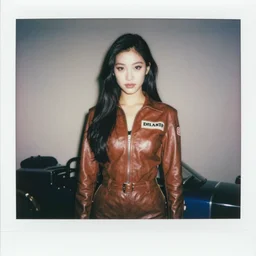 polaroid, youthful asian demure, exquisite features, feminine cut, 1 9 3 0 frontiers in flight leather suit, drag racing, top fueler, nick knight studio,
