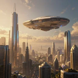 The futuristic sci-fi city has extremely tal buildings, a giant spaceship is floating over the city, the background has a detailed heavenly lit exterior with iridescent light, matte painting, concept art, dramatic lighting, golden hour, 4k, 8k, trending on Artstation, realistic