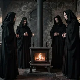 cultists in black robes surround a stove, realistic, gothic