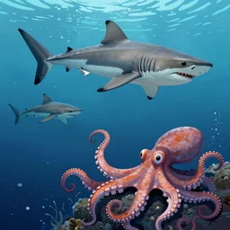 sharks, octopus, water, by greg rutkowski and maciej rebisz, Trending on artstation