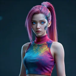 cyberpunk full shot, afraid, looking for something, cinematic, very detailed, cgsociety, artstation, female, colored high neck crop top, colored locks of hair, clean, symmetry, blue eyes, intricate, impossible beauty, eye implant bionic, ponytail, staring in the void, art by krenz cushart and artem demura and alphonse mucha
