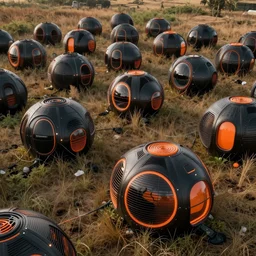 photo of a field filled with innovative survival pods, biotechnological design, black and orange colour palette, generative design structure, archviz
