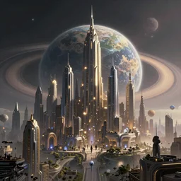an extremely detailed masterpiece epic color scene of a futuristic city massive sky scrappers and'extraterrestrial citizens on an earth like planet with a ringed planet background, in the style of paul lehr, elegant, highly detailed, digital painting, artstation, cinematic lighting, extremely moody lighting, glowing light and shadow, 4 k