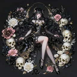 beautiful and cool female dark magician, wide angle view, flowers, skulls, black, white, pink, gold colors, shiny, highly detailed, artgerm, cushart krenz, artstation, soft light, sharp focus, illustration, character design, concept art