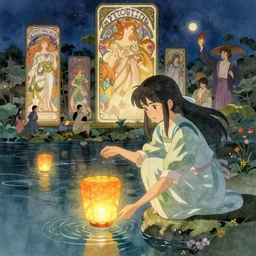 grand festival, a beautiful girl is putting on a river lantern, chinese watercolor style, trending on artstation, global illumination, radiant light, night lighting, fantasy art by greg rutkowski, alphonse mucha, makoto shinkai, lois van baarle, ilya kuvshinov, rossdraws and tom bagshaw, detailed and intricate environment, 8 k