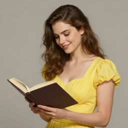 a smiling alexandra daddario wearing a yellow dress and reading a book, masterpiece, intricate, elegant, highly detailed, digital painting, artstation, concept art, smooth, sharp focus, illustration, art by artgerm and greg rutkowski and alphonse mucha and uang guangjian and gil elvgren and sachin teng, symmetry!!