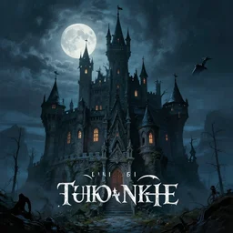 elaborate fantasy painting of haunted castle at night, full moon, fantasy book cover