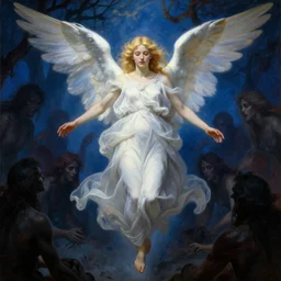 a blonde angel descending from heaven to the blue hell filled with shadow people, dramatic light, by gustav moreau
