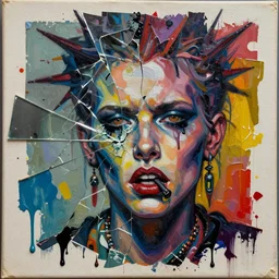 badass bastard analogue mixed media collage with canvas texture in style of contemporary art, punk art, realistic emotional face, expressionism, masterpiece, spectacular quality, intricate oil details, broken glass, torn paper, large cracks, liquid paint spots, vivid harmonic colors, harmonic composition