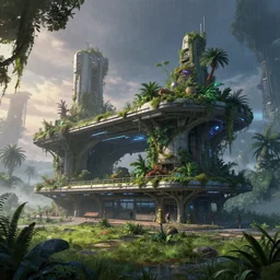 a beautiful ultradetailed highly detailed bus station unfinished building building urbex architecture by tom wright, gem tundra at summer biopunk atlantis junglepunk at night architecture island rainforest at dusk sci - fi cgsociety fog meadow anime dieselpunk postcyberpunk galactic apocalyptic, archdaily, wallpaper, highly detailed, trending on artstation.
