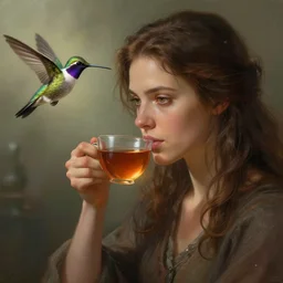 portrait of a woman with brown hair sipping tea next to a humming bird, concept art, fantasy, highly detailed, cinematic lighting, digital painting by greg rutkowski