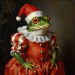 frog in harlequin costume in renaissance oil painting