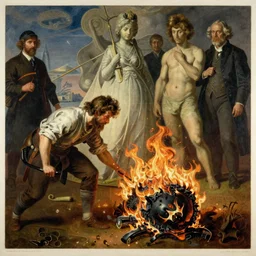 defiling rogue glancing over the immolated target, monumental painting by gerrit van honthorst and hajime sorayama and kiefer anselm, illusion surreal art, highly conceptual figurative art, intricate detailed oil illustration, controversial poster art, polish poster art 1 9 8 0
