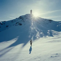 the first snow on a young earth, majestic landscape, long shadows, glowing fractal threads, still frame from the voyage of time movie by terrence malick with cinematogrophy of emmanuel lubezki with art direction of giger, arri alexa, ultra wide anamorphic lens flares, 8 k