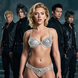 a fancy portrait of Scarlett Johansson in crystal underwear by Greg Rutkowski, Sung Choi, Mitchell Mohrhauser, Maciej Kuciara, Johnson Ting, Maxim Verehin, Peter Konig, final fantasy , mythical, 8k photorealistic, cinematic lighting, HD, high details, atmospheric,
