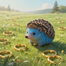 a cute blue hedgehog, meadow with many gold rings, beautiful grassland, early morning hours, long shadows, extremely detailed, fantasy painting, by jean - baptiste monge!!!!