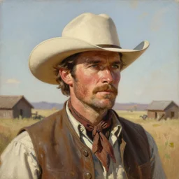 a man, cowboy hat, portrait, cowboy movie character, wild west, fantasy, highly detailed, oil painting, illustration, art by Charles E. Chambers, J. C. Leyendecker and norman rockwell