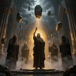 Photorealistic strange dark monks perform a ritual in a ruined cathedral. Ominous storm clouds, strange levitating stones, stones falling from the sky, a gentle rising mist. occult photorealism, UHD, amazing depth, glowing, golden ratio, 3D octane cycle unreal engine 5, volumetric lighting, cinematic lighting, cgstation artstation concept art