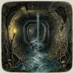 deep water flows through waist - deep flooded sewer tunnels. fantasy art, underground, stream, crumbling masonry, darkness, sewage falling from grates, abandoned spaces, torchlight. sketch art. roots, mud, mushrooms, d & d. by gustave dore and greg rutkowski.