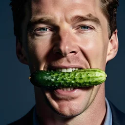 color studio photo of benedict cumberbatch mouth full of cucumbers, closeup