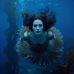 moody cinematic photograph of a woman wearing a sea anemone dress, floating under the ocean, with detailed face, huge flowing hair by tim walker and wes anderson, in the ocean, deep blue colours, lots of detail, fine facial features, background sea kelp forrest