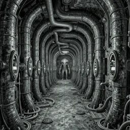 an alien corridor, tubes along the walls, strange devices, by h. r. giger, 8 k, trending on artstation, duotone, detailed