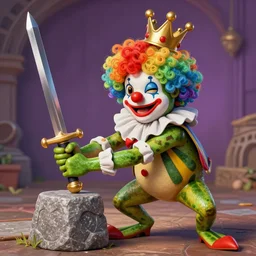 clown frog king pulls the sword from the stone, clown frog king wearing clown makeup and rainbow wig, clown crown artwork by Glenn Fabry, rendering by Beeple