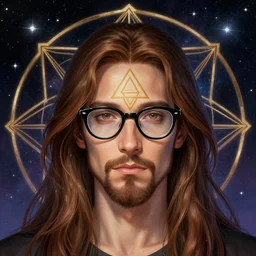 a photo of a guy with very long brownish! hair!, with nerdy! glasses! and goatee, geometric third eye triangle, sci - fi face, cosmic geometric background, breathtaking stars, elegant, highly detailed, digital painting, artstation, concept art, smooth, sharp focus, illustration, anime asthetic, art by artgerm and greg rutkowski and alphonse mucha, acid pixie