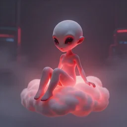 a cute alien girl sitting on a cloud relaxing, misty, glows, digital painting, hazy, foggy, red lighting, ambient lighting, 8 k, neon, synthwave, cyberpunk,