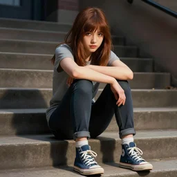 skater girl sitting on steps by scott pilgrim, by bryan lee o'malley