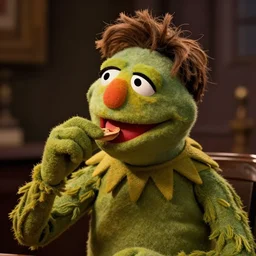 a human man eating a muppet