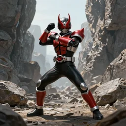Demonic Kamen Rider standing in a rock quarry doing a henshin pose, full body single character, League of Legends Splash Art, high quality, 4k, concept art, illustration, Arcane