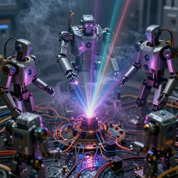 wet complex, colored lasers, robots, circuits, smoke, god rays, wires, wet metal reflections, mirrors, infinite, close up, glowing wires, wet, ultra detailed, group of robots