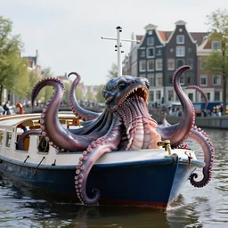 closeup portrait of the kraken tentacles attacking a tour boat in an amsterdam canal, background houses, photograph, natural light, sharp, detailed face, magazine, press, photo, steve mccurry, david lazar, canon, nikon, focus