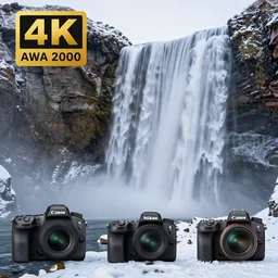 photograph of a waterfall, winter, landscape photography, award winning, canon, sony, nikon, 4 k, hd