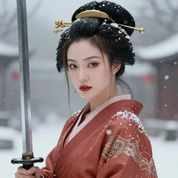 a beautiful ultradetailed illustration of margot robbie as a geisha with a sword by charlie bowater, catchlight in the eyes, trending in artstation, portrait photo, bokeh, 4K, during snowfall