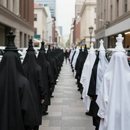 street of the city of chess where everyone wears black or white cloth with chess piece like hats